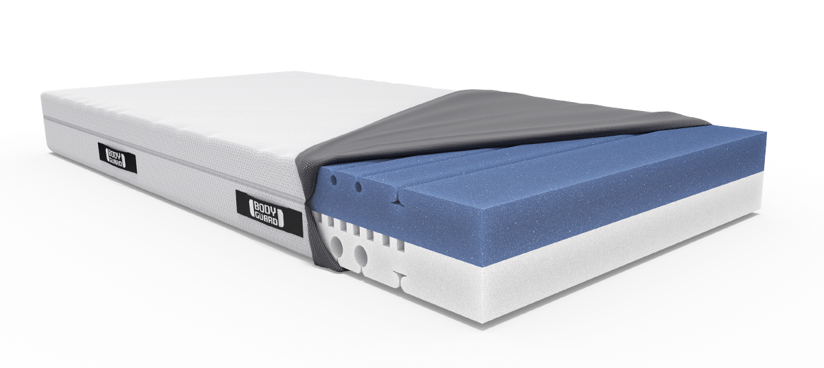 Matelas BODYGUARD® partiellement ouvert, montrant les différentes couches internes : une mousse bleue et blanche. La housse grise est partiellement retirée.